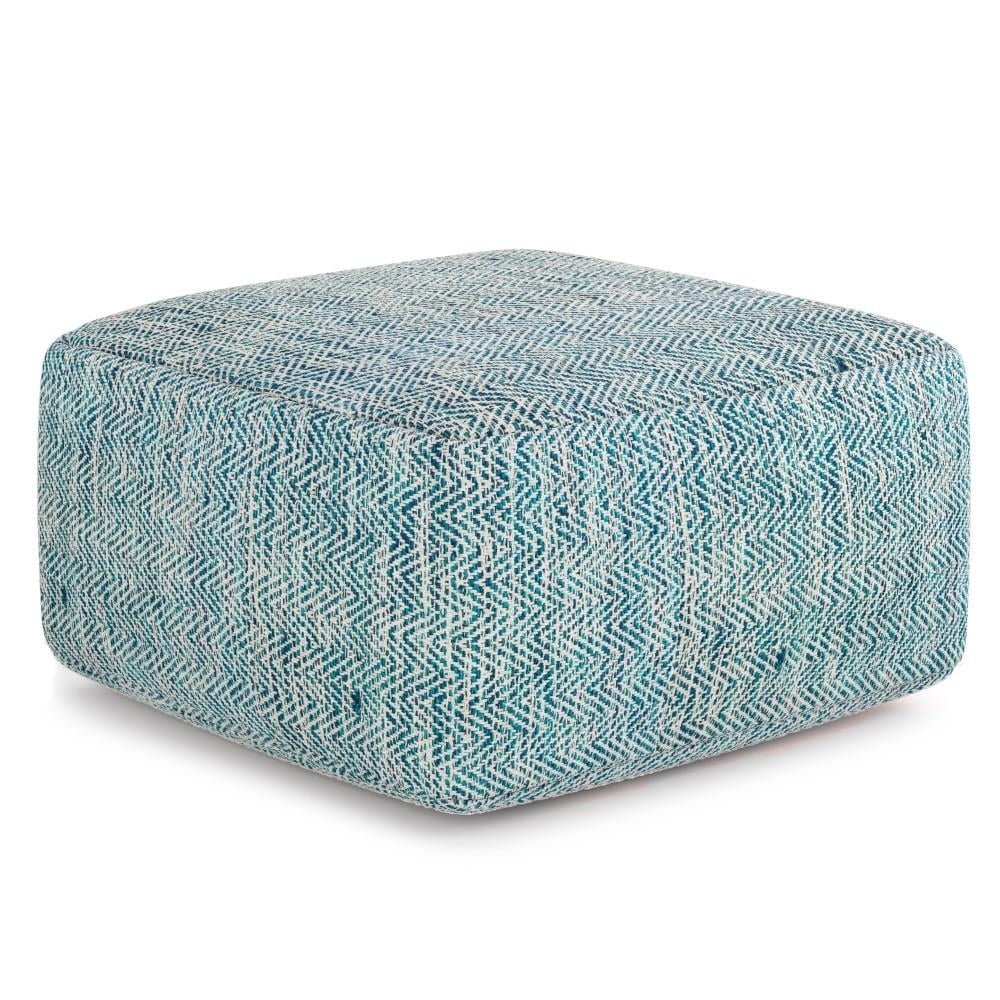 Simpli Home Nate 20 inch Wide Boho Square Pouf in Patterned Denim Mlange Cotton