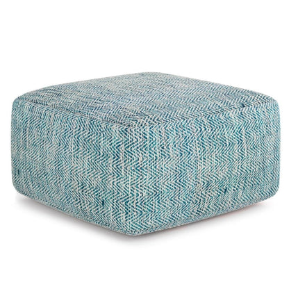 Simpli Home Nate 20 inch Wide Boho Square Pouf in Patterned Denim Mlange Cotton