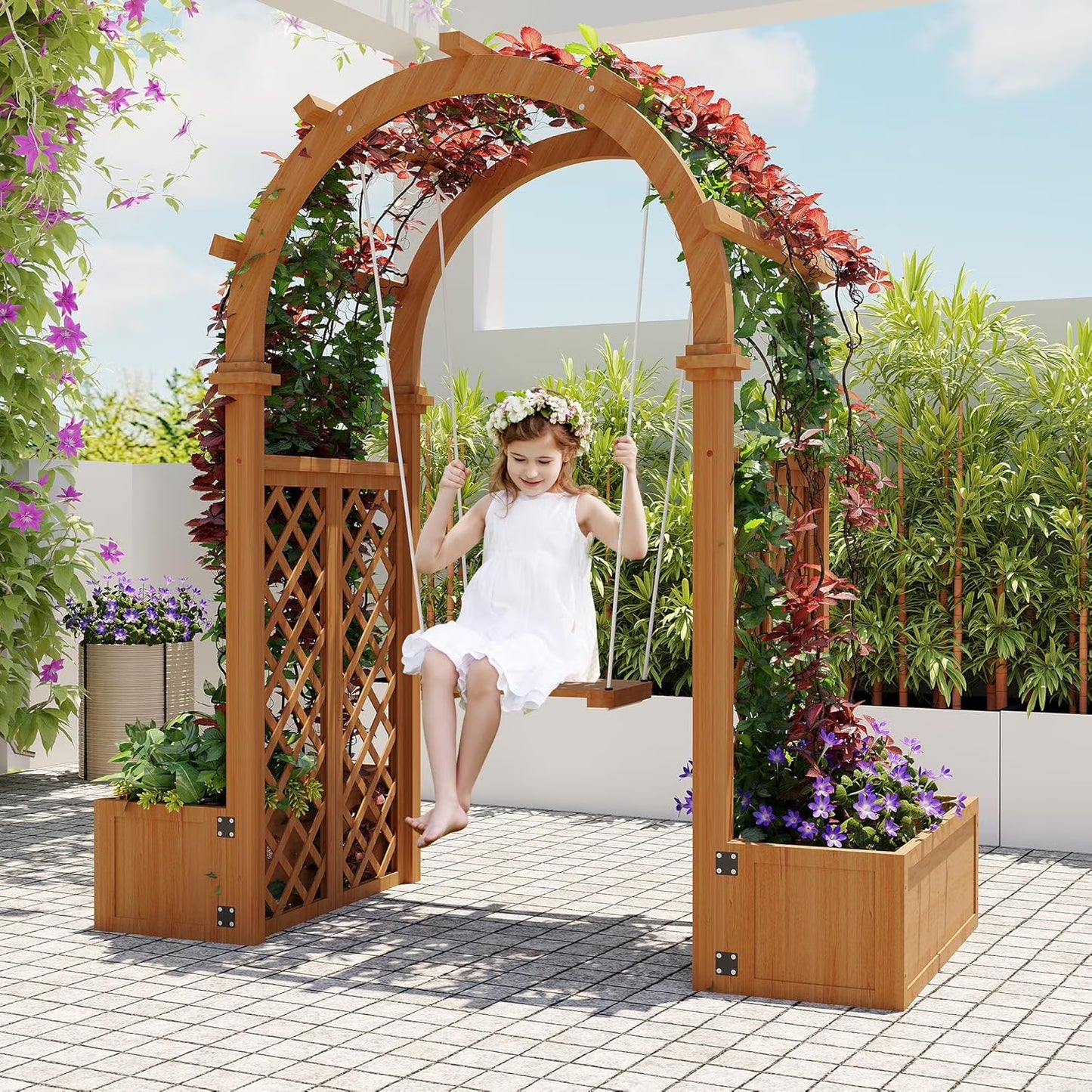 Wooden Garden Arbor with Planter& Swing,Outdoor Arbor Trellis for Climbing Plants, Roses, Vines, Outside Pergola Planter, Garden Arch for Lawn Backyard Wedding Ceremony Bridal Party