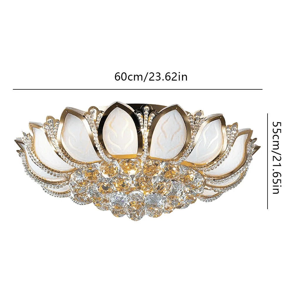 Crystal Ceiling Lamp Modern Chandelier 110V Gold Flower Shape Pendant Light Fixture 23.5 in Bedroom Flush Mount Hanging Lamp for Living Room Bedroom Hallway (No Remote Control)
