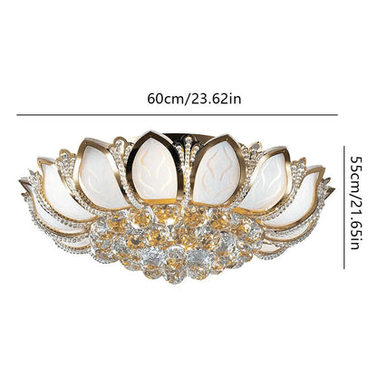 Crystal Ceiling Lamp Modern Chandelier 110V Gold Flower Shape Pendant Light Fixture 23.5 in Bedroom Flush Mount Hanging Lamp for Living Room Bedroom Hallway (No Remote Control)