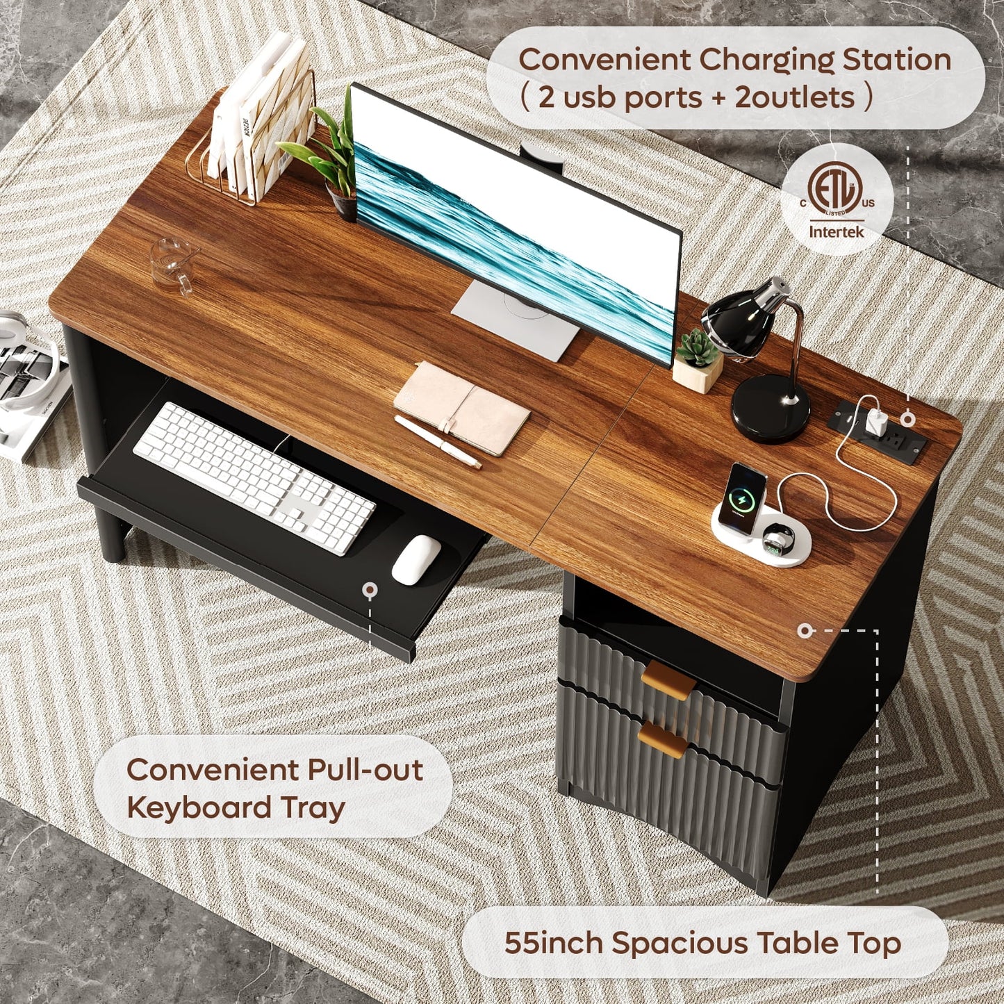 Bestier 55" Computer Writing PC Desk Home Office with Power Outlets Keyboard Tray and Storage Drawers, Log