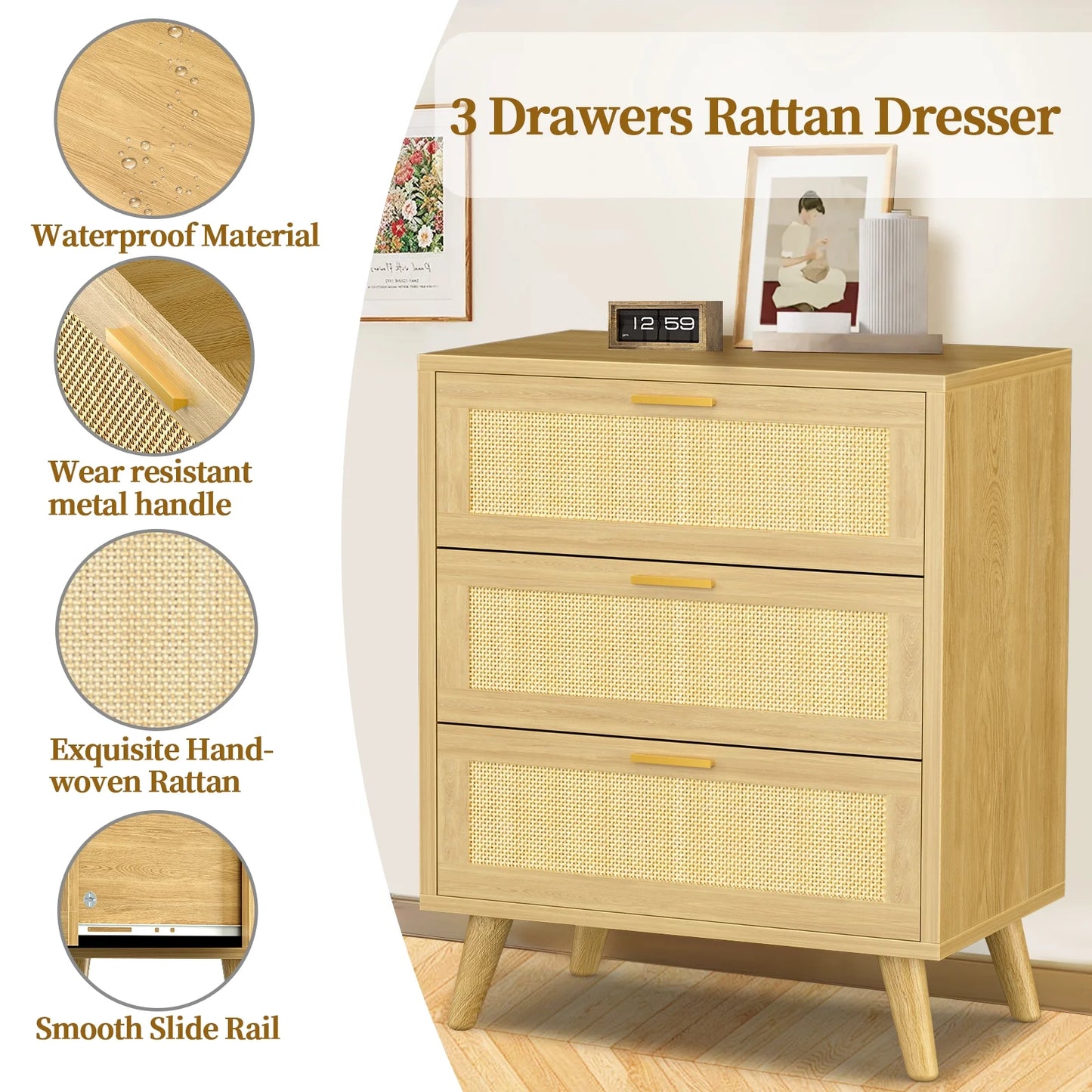 Capri 3 Drawer Dresser, Rattan Storage Wide Chest of Drawers, Night Stand Storage Cabinet for Women, Kids, Baby, Nursery, Girls, Bedroom Living Room Furniture, Natural