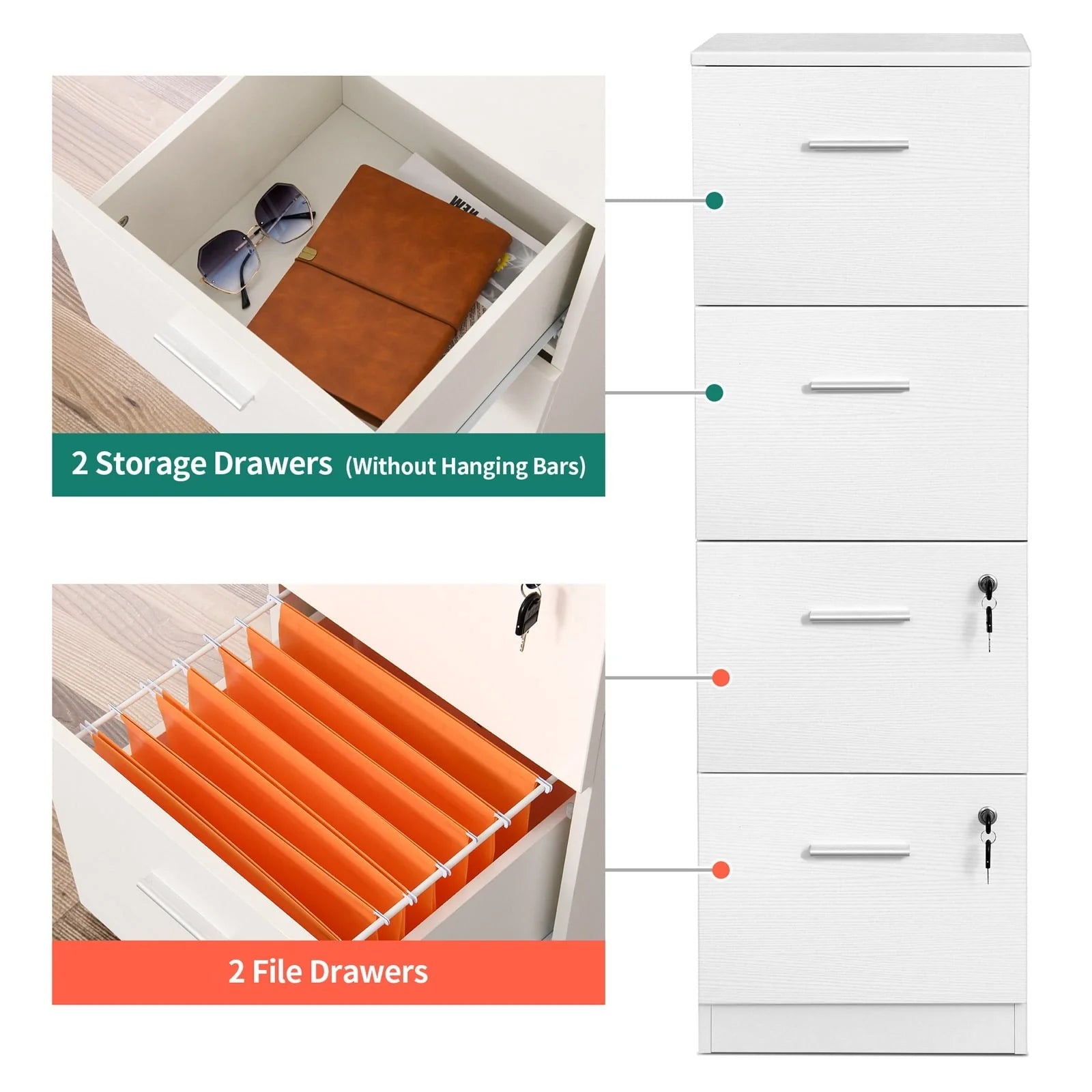 DEXTRUS 4-Drawer Wood File Cabinet with Lock, 15.86" Deep Vertical Filing Cabinet for Home Office, White