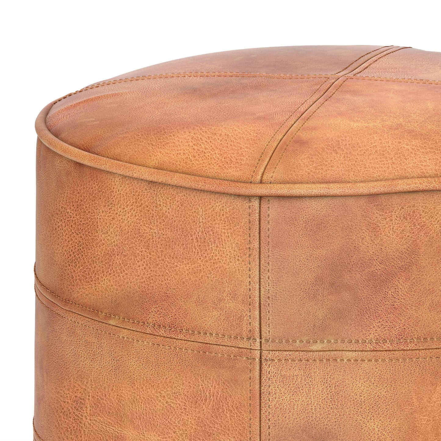 Simpli Home Connor Boho Round Pouf in Navy Blue Genuine Leather