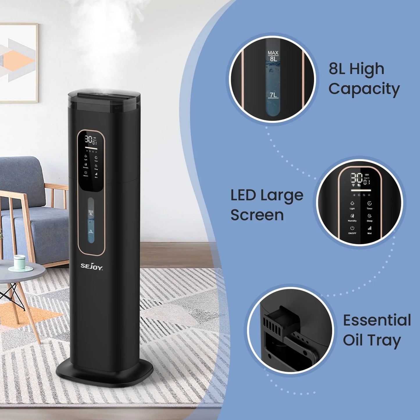 Sejoy Humidifiers for Bedroom Large Room Home.1GAL/8L Top Fill Floor Ultrasonic Humidifiers with 3 Mist Speed,Remote,Quiet Humidification for Plants and Baby Infant,Black