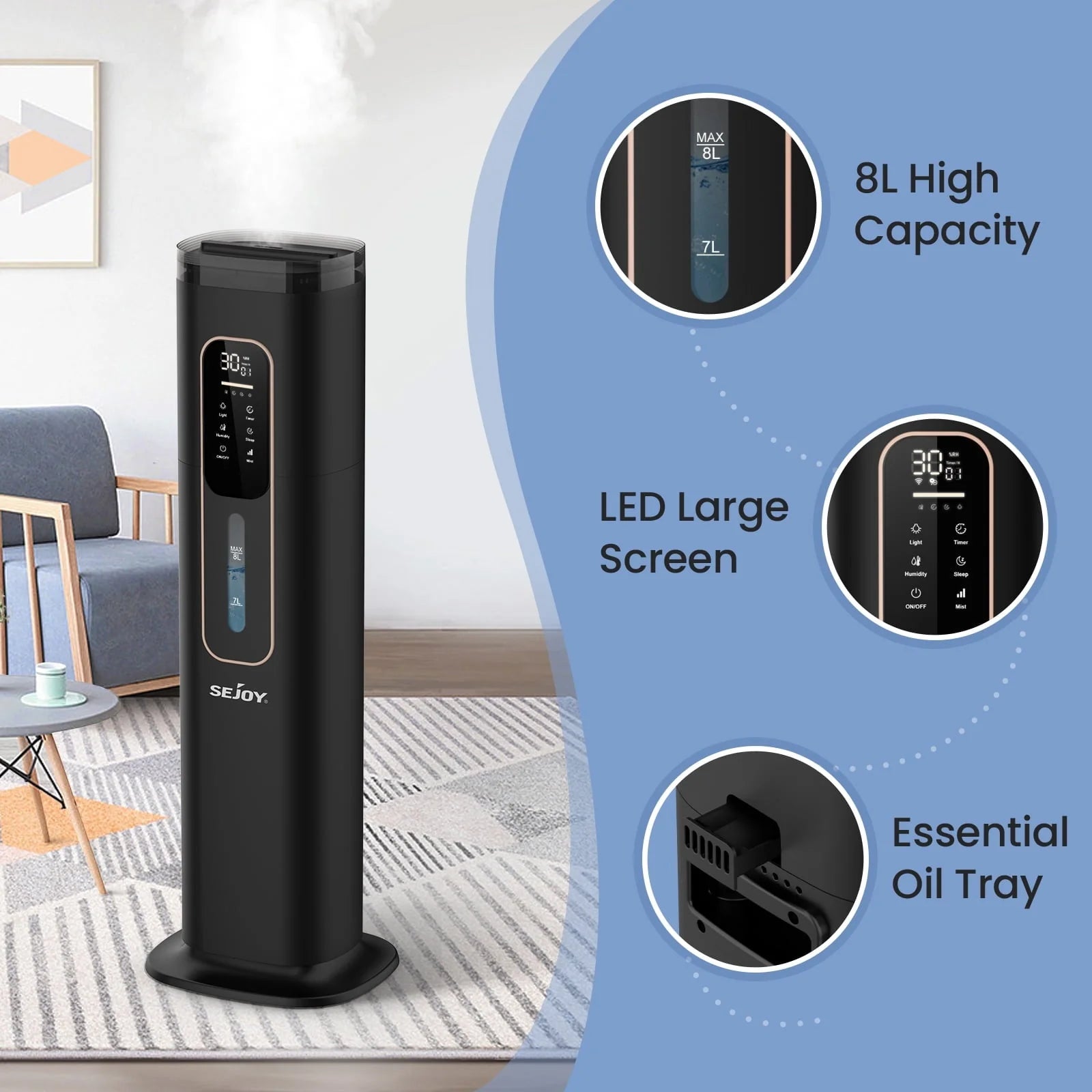 Sejoy Humidifiers for Bedroom Large Room Home.1GAL/8L Top Fill Floor Ultrasonic Humidifiers with 3 Mist Speed,Remote,Quiet Humidification for Plants and Baby Infant,Black
