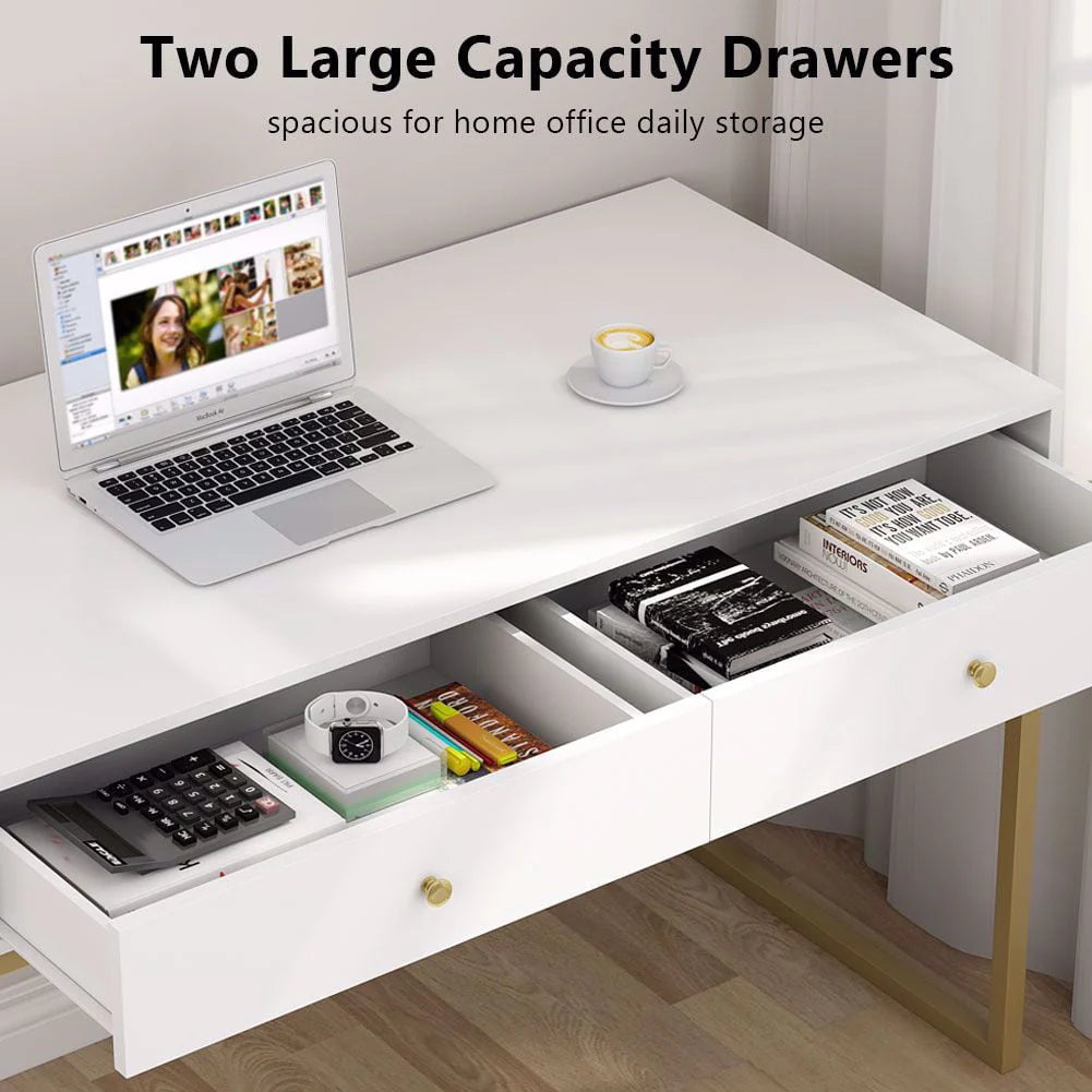 TribeSigns Computer Desk, Modern Simple 47 inch Home Office Desk Study Table Writing Desk with 2 Storage Drawers, Makeup Vanity Console Table, White and Gold