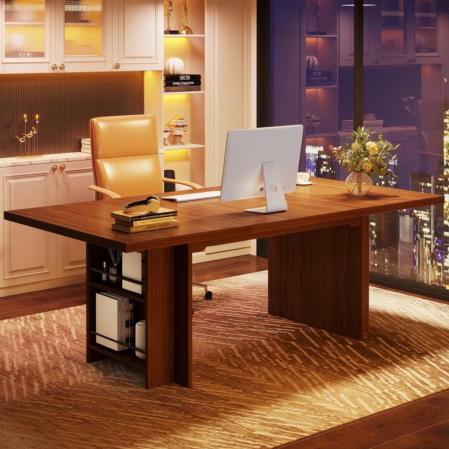63-in Large Executive Desk, Home Office Desk Large Computer Writing Table with Storage Walnut