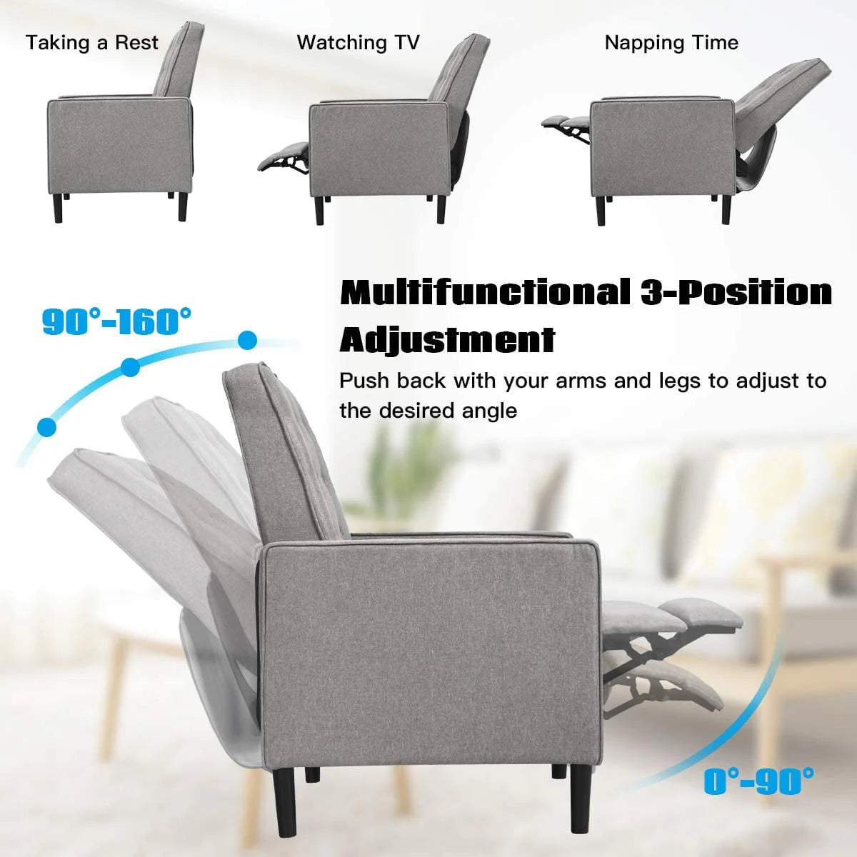 Giantex Push Back Recliner Chair, Fabric Accent Arm Chair with Ottoman Modern Recliner Sofa for Living Room Bedroom Home Office Club Chair (1 Pcs, Grey)