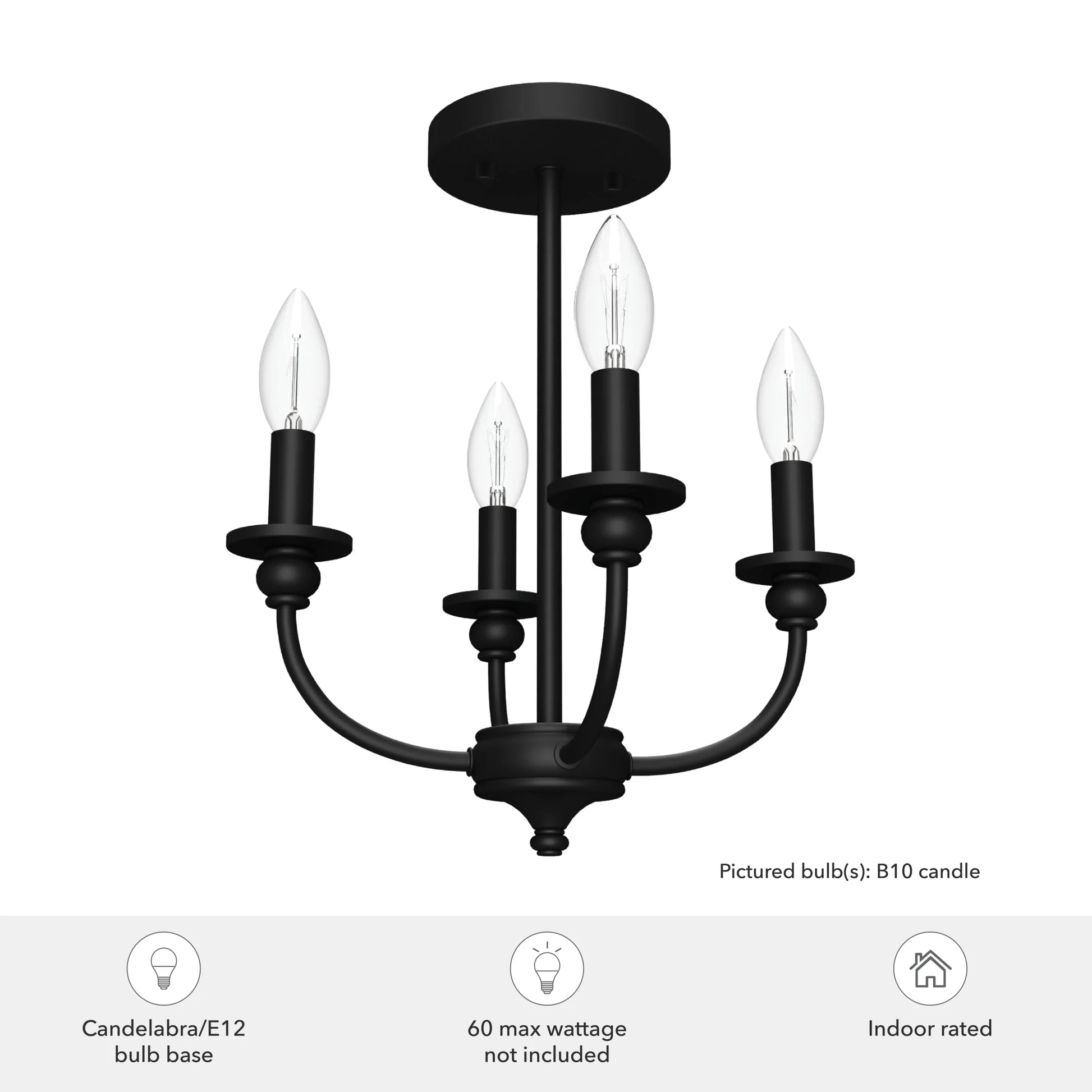 Hunter - Southcrest 4-light Matte Black, Medium Size Flush Mount Light, Dimmable, Traditional Style, Candle Shaped, for Bedrooms, Dining, Living Rooms - 19642