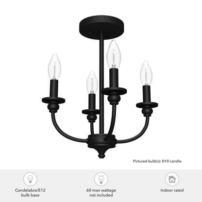 Hunter - Southcrest 4-light Matte Black, Medium Size Flush Mount Light, Dimmable, Traditional Style, Candle Shaped, for Bedrooms, Dining, Living Rooms - 19642