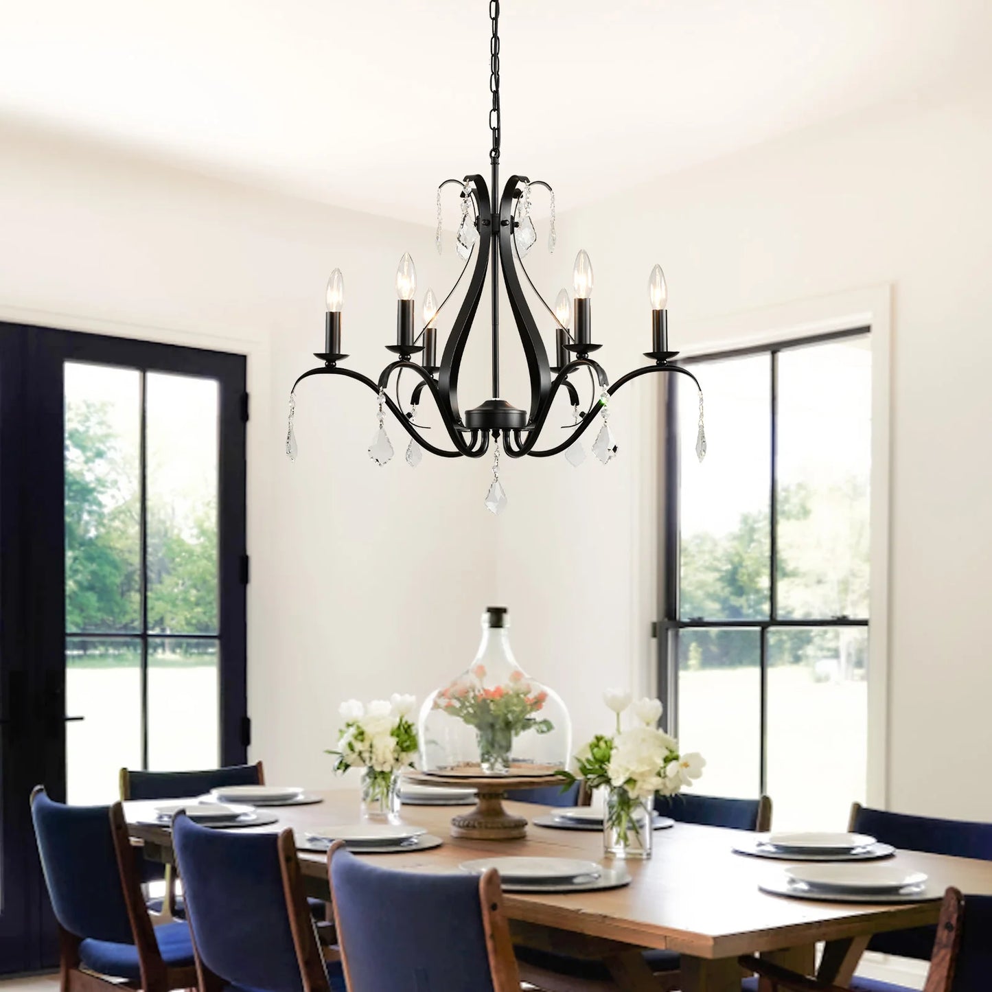 Magic Home 6-Light Modern Farmhouse Chandelier,Classic Candle Ceiling Pendant Light Fixture,Black