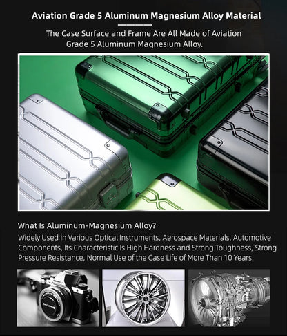 All Aluminum Magnesium Hardshell Carry on Luggage Airline Approved, Hardside Carry on Suitcase with TSA Lock, Zipperless Luggage Checked Metal Rolling Luggage for Travel, Business