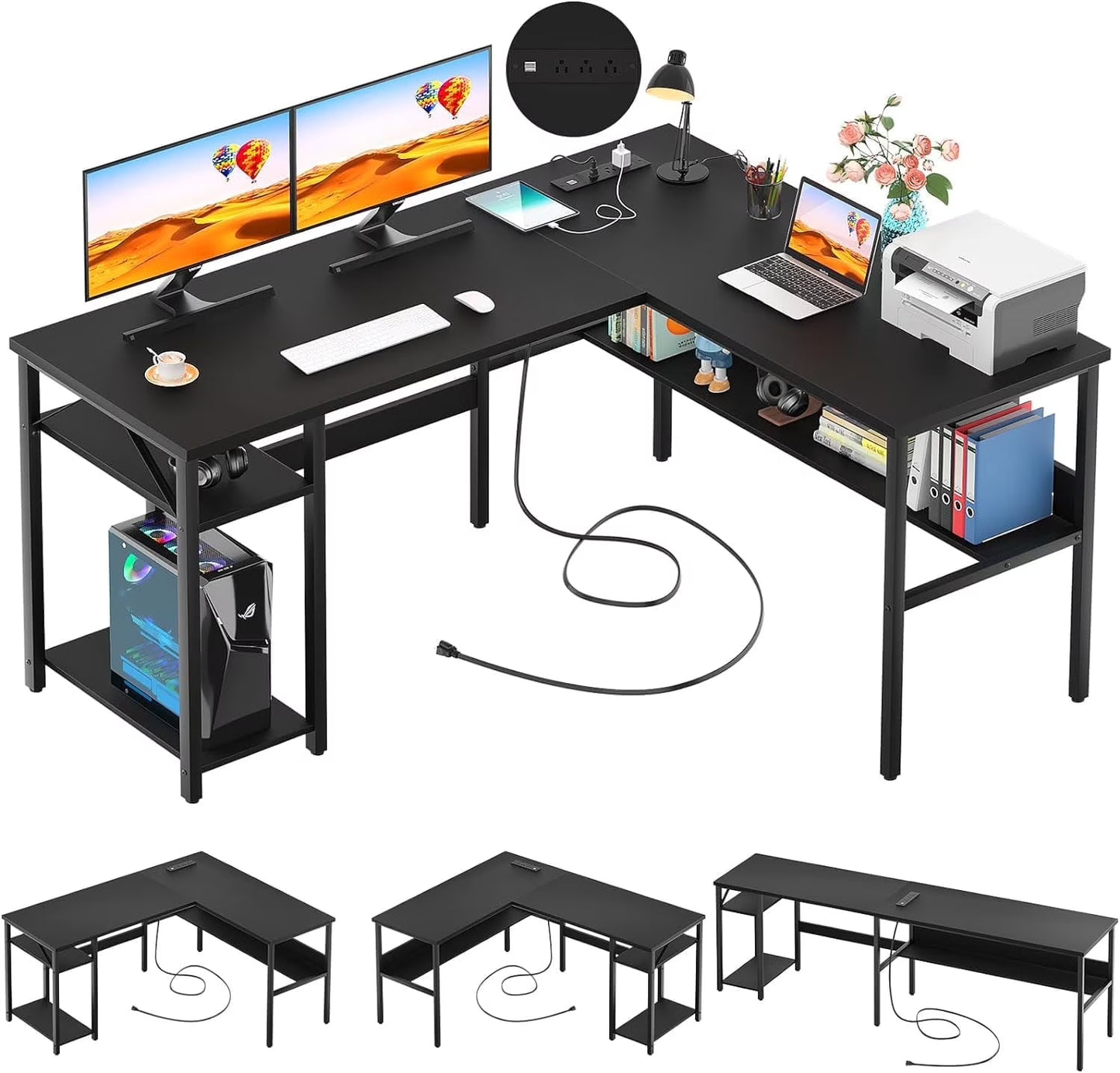 Homieasy Reversible L Shaped Desk with Magic Power Outlets and USB Charging Ports, Sturdy Corner Computer Desk with Storage Shelves, Gaming Table Home Office Desk, Easy to Assemble, Black Oak