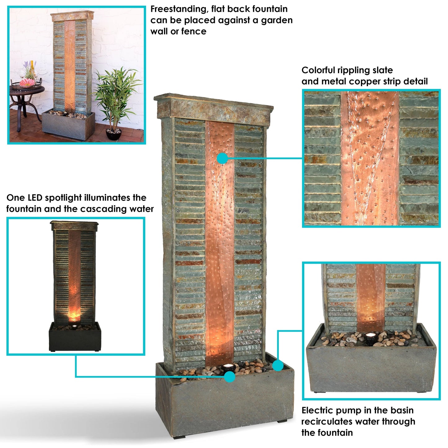 Sunnydaze 48"H Electric Natural Slate with Copper Accents Rippled Column Outdoor Water Fountain with LED Spotlight
