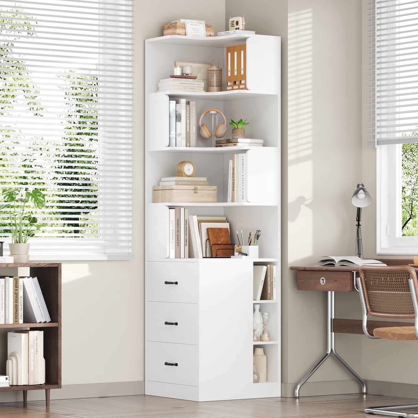 Hiphuta 77"Tall L-Shaped Corner Bookshelf with Drawers and Side Storage, Modern Wood Bookcase with 4-Tier Display Shelves Storage Cabinet for Living Room Home Office , Black