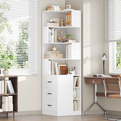Hiphuta 77"Tall L-Shaped Corner Bookshelf with Drawers and Side Storage, Modern Wood Bookcase with 4-Tier Display Shelves Storage Cabinet for Living Room Home Office , Black