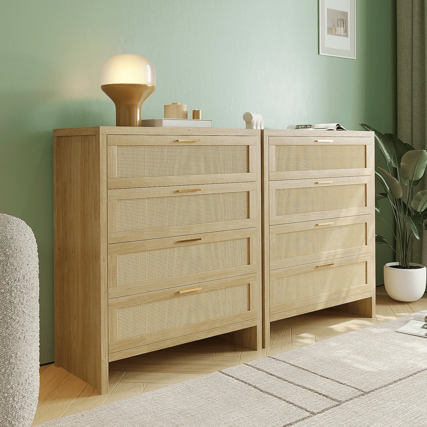 Richya Rattan Dresser with 4 Drawers, Wood Storage Cabinet for Living Room, Hallway, Nursery ,Bedroom
