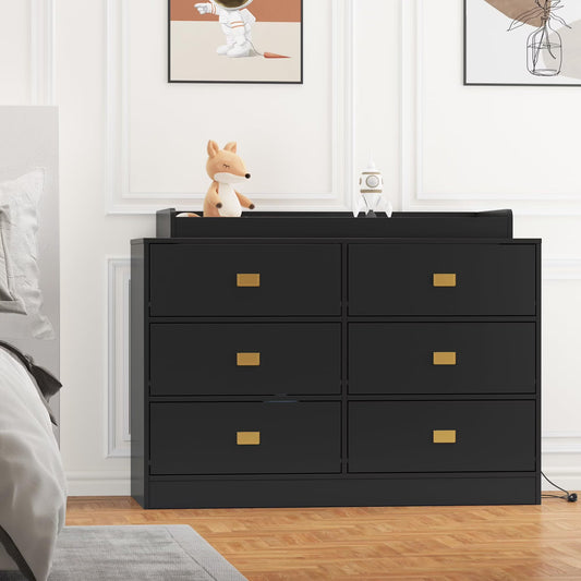 NEILA Changing Table Dresser with 6 Drawers and Power Outlets - Nursery Storage Organizer with Removable Changing Pad