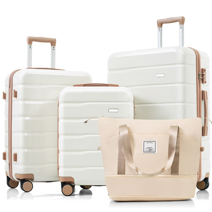 DUOSONG Luggage Sets 4 Piece, Abs Durable Suitcase With Travel Bag, Abs Hard Shell Luggage With Spinner Wheels, Ivory And Golden Ivory+Gold ABS Travel Luggage Hard Case