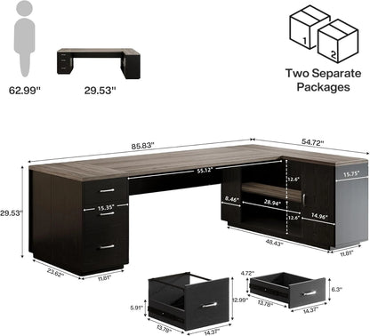 Tribesigns 85.8" L-Shaped Executive Desk, Extra Large Office Desk with File Drawers, Modern Business Furniture with Door Cabinet, Shelves for Home Office, White & Brown