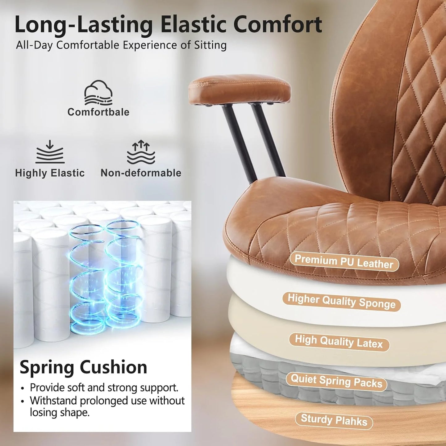 QW Home Office Desk Chair Office Rubber Casters Ergonomic Computer Chair with Lumbar Support Adjustable Height Rolling Swivel Executive Task Armrests Chair Brown Leather