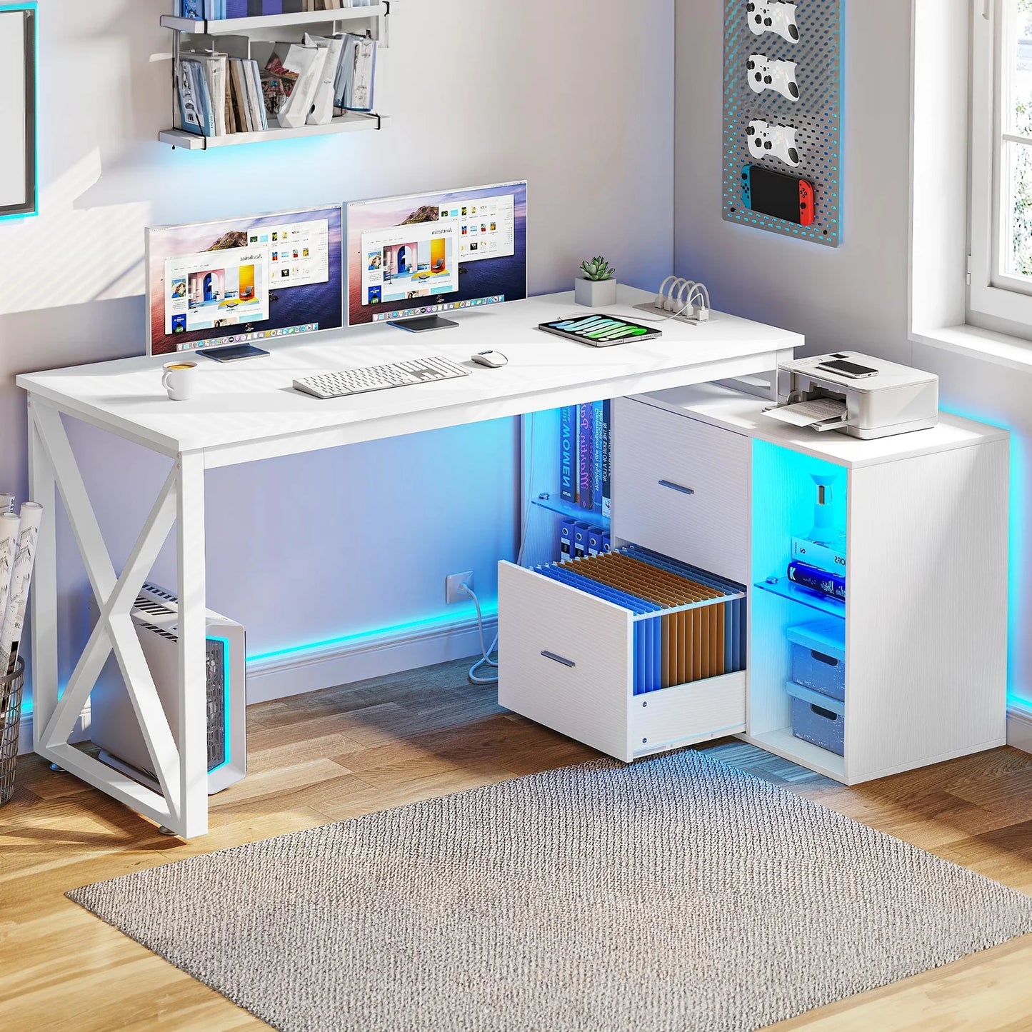 AGRTY55 inch reversible L-shaped office desk with power socket and filing cabinet - multifunctional computer desk with LED lights, modern design, space saving, suitable for home office