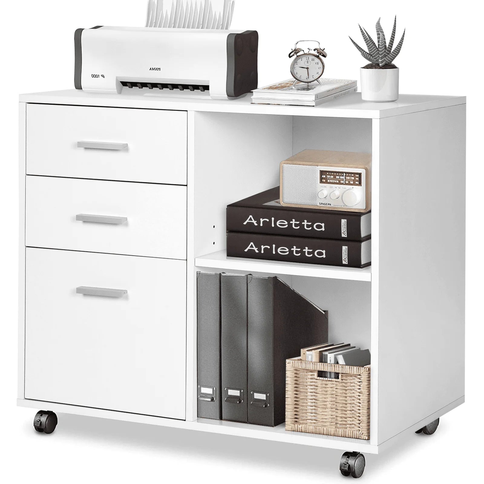 Richya Wood File Cabinet , Printer Stand with Open Storage Shelf, 3-Drawer File Cabinet, Home Office White