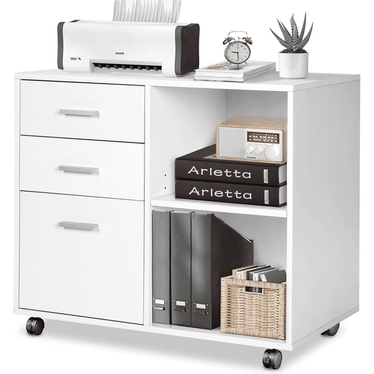 Richya Wood File Cabinet , Printer Stand with Open Storage Shelf, 3-Drawer File Cabinet, Home Office White