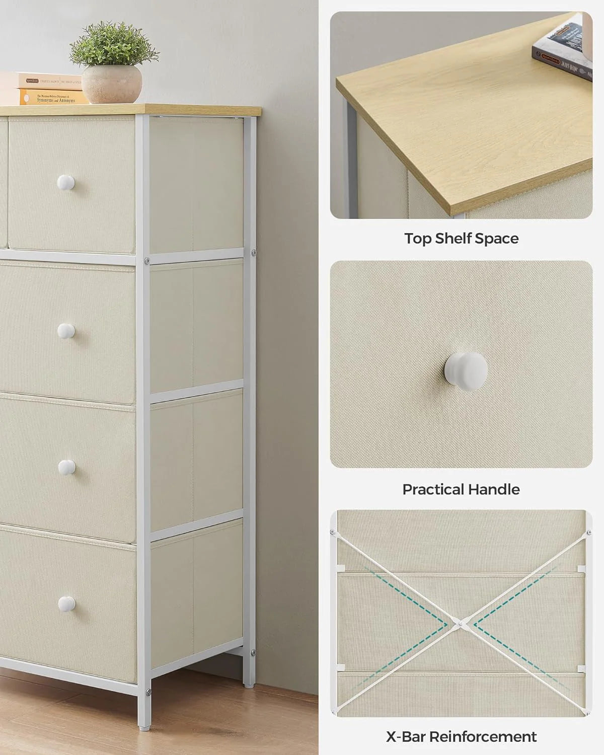 SONGMICS 5 Fabric Drawers Dresser Storage Tower with Unit for-Living-Room Hallway-Nursery Camel Yellow + Cream White