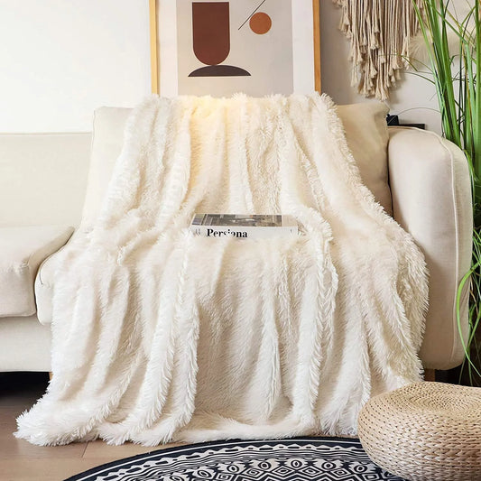 Junovo Super Soft Throw Blanket for Bed, Fluffy Cozy Plush Light Blanket, Washable Warm Furry Throw Blanket for Couch Sofa Chair Home Decor, 50"x60" ,Cream White