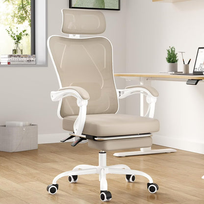 STARY Ergonomic Office Chair with Footrest, High Back Mesh Desk Chair with Adjustable Headrest & Lumbar Support, Comfortable Computer Chair for Home Office Study, White & Beige