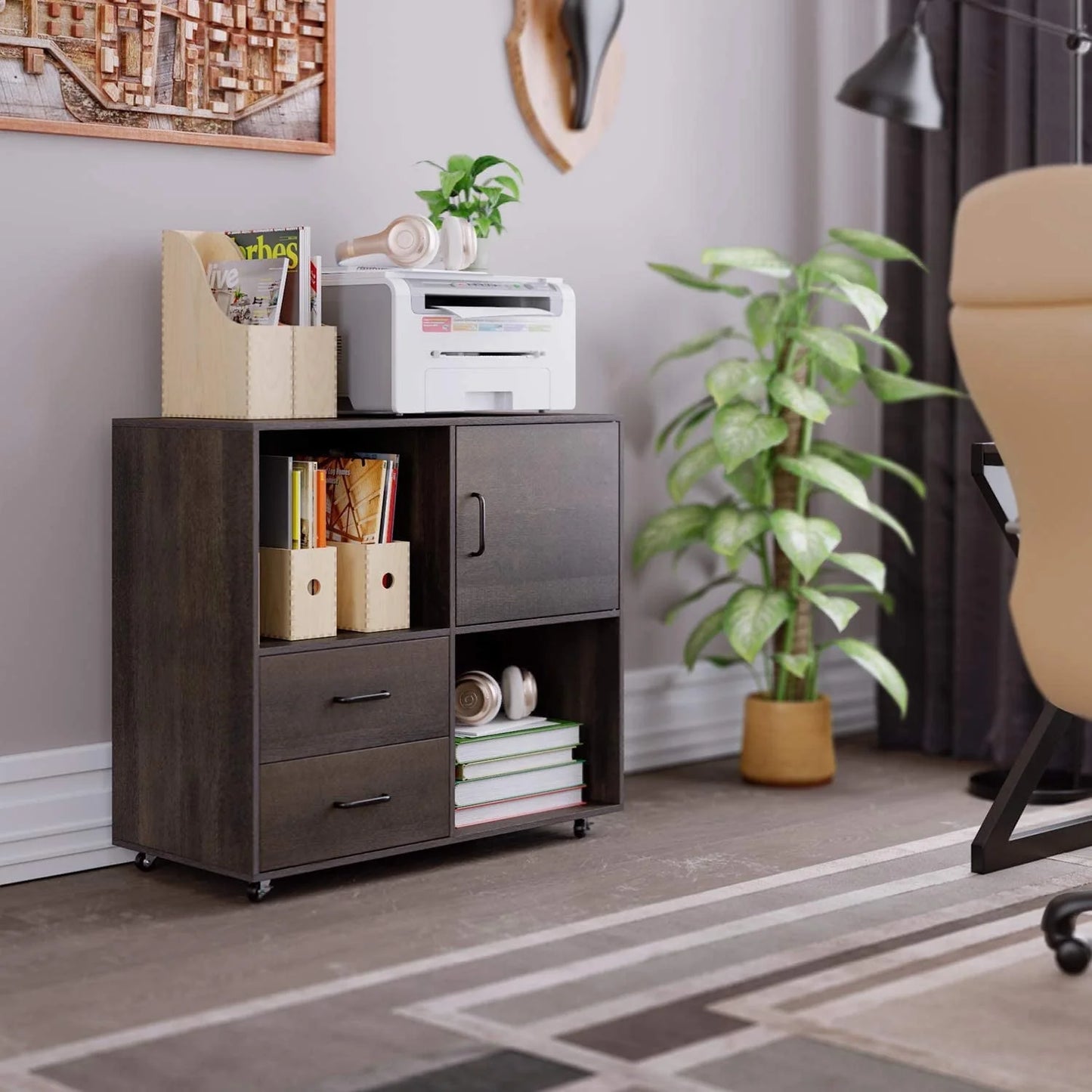 Homfa Lateral File Cabinet, Storage Printer Stand with 2 Drawers, Wood Mobile Filing Cabinet for A4 Paper Letters Home Office Furniture, Rustic Brown