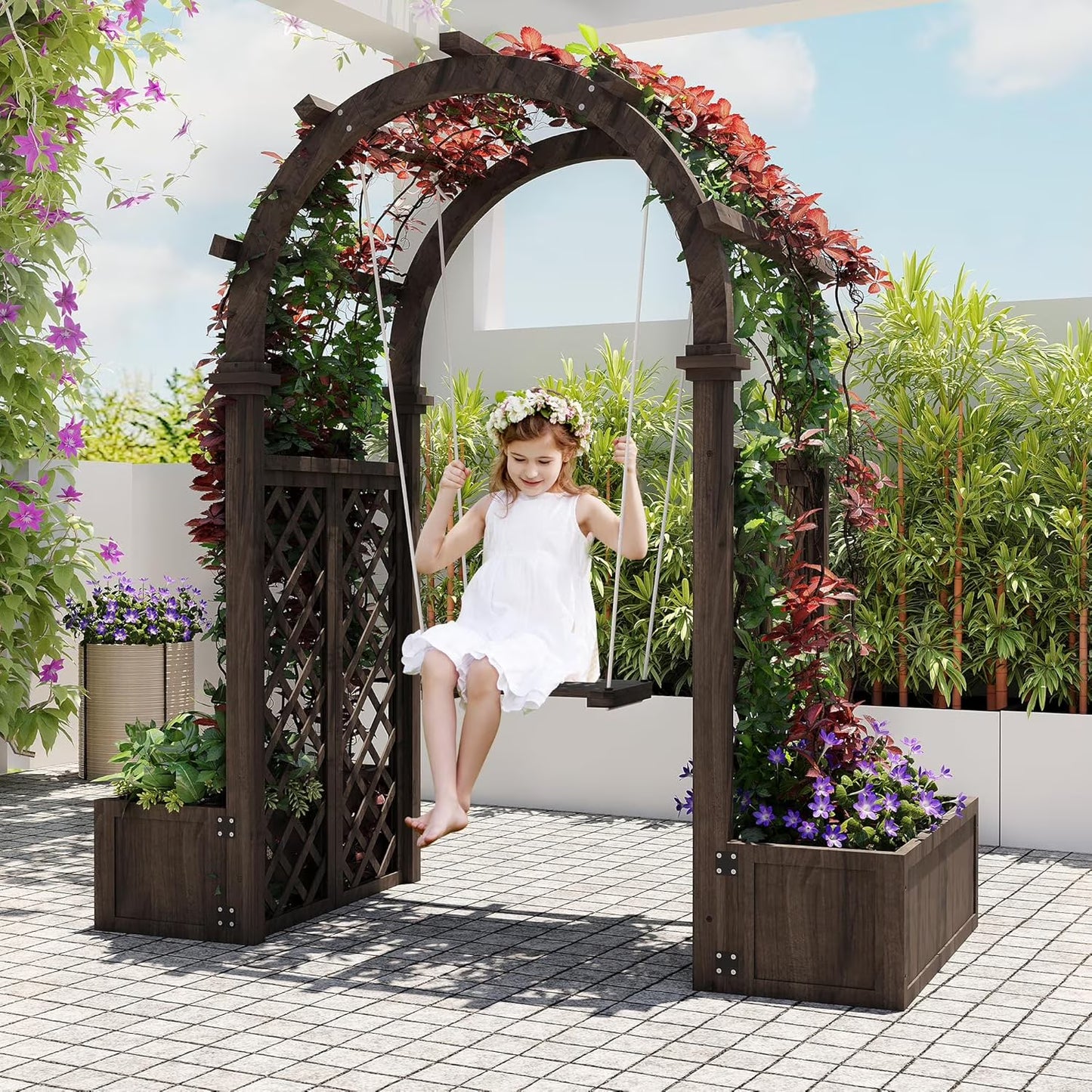 Wooden Garden Arbor with Planter& Swing,Outdoor Arbor Trellis for Climbing Plants, Roses, Vines, Outside Pergola Planter, Garden Arch for Lawn Backyard Wedding Ceremony Bridal Party