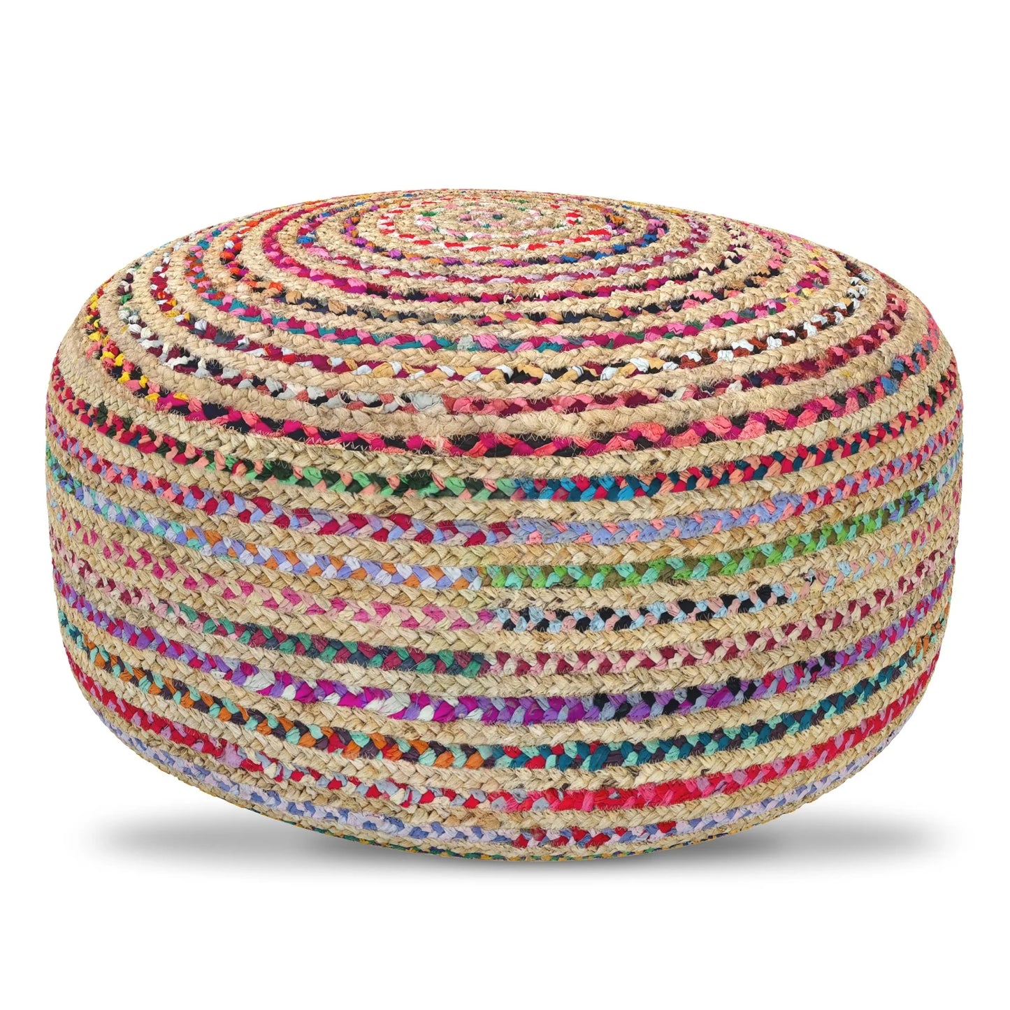 Splendid Multicolor Jute Round Pouf, 30x30x14 Inch, Woven Boho Contemporary Accent & Footstool