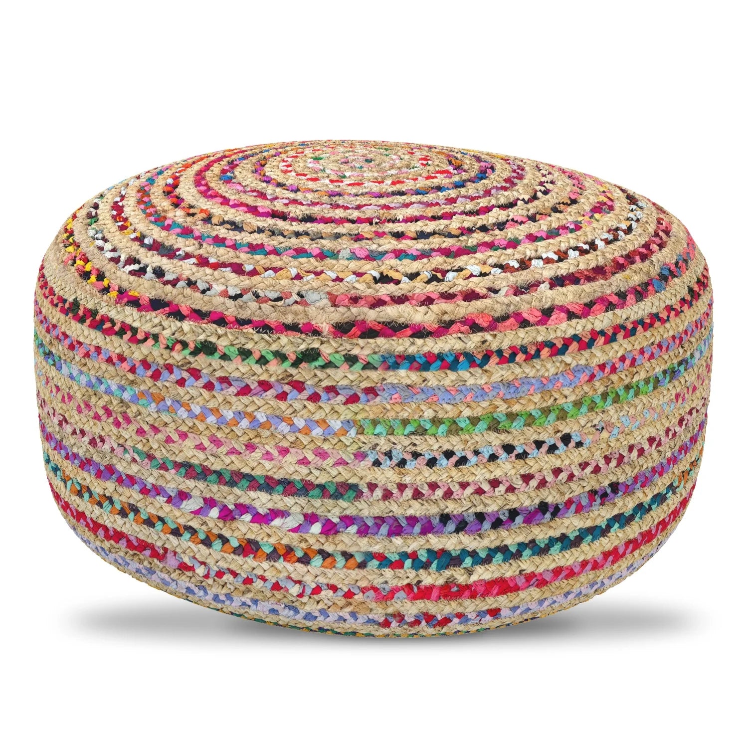 Splendid Multicolor Jute Round Pouf, 30x30x14 Inch, Woven Boho Contemporary Accent & Footstool