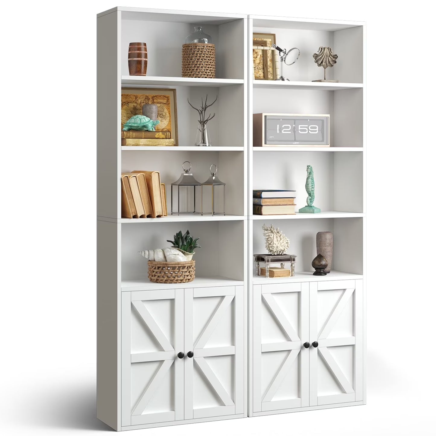 Easoger 6 Tier Bookcase Set of 2, Bookshelves with Barn Cabinet Doors, Floor Bookshelves for Home Office, Living Room, Black