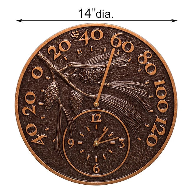 Whitehall Pinecone Thermometer & Clock, Antique Copper, 14"