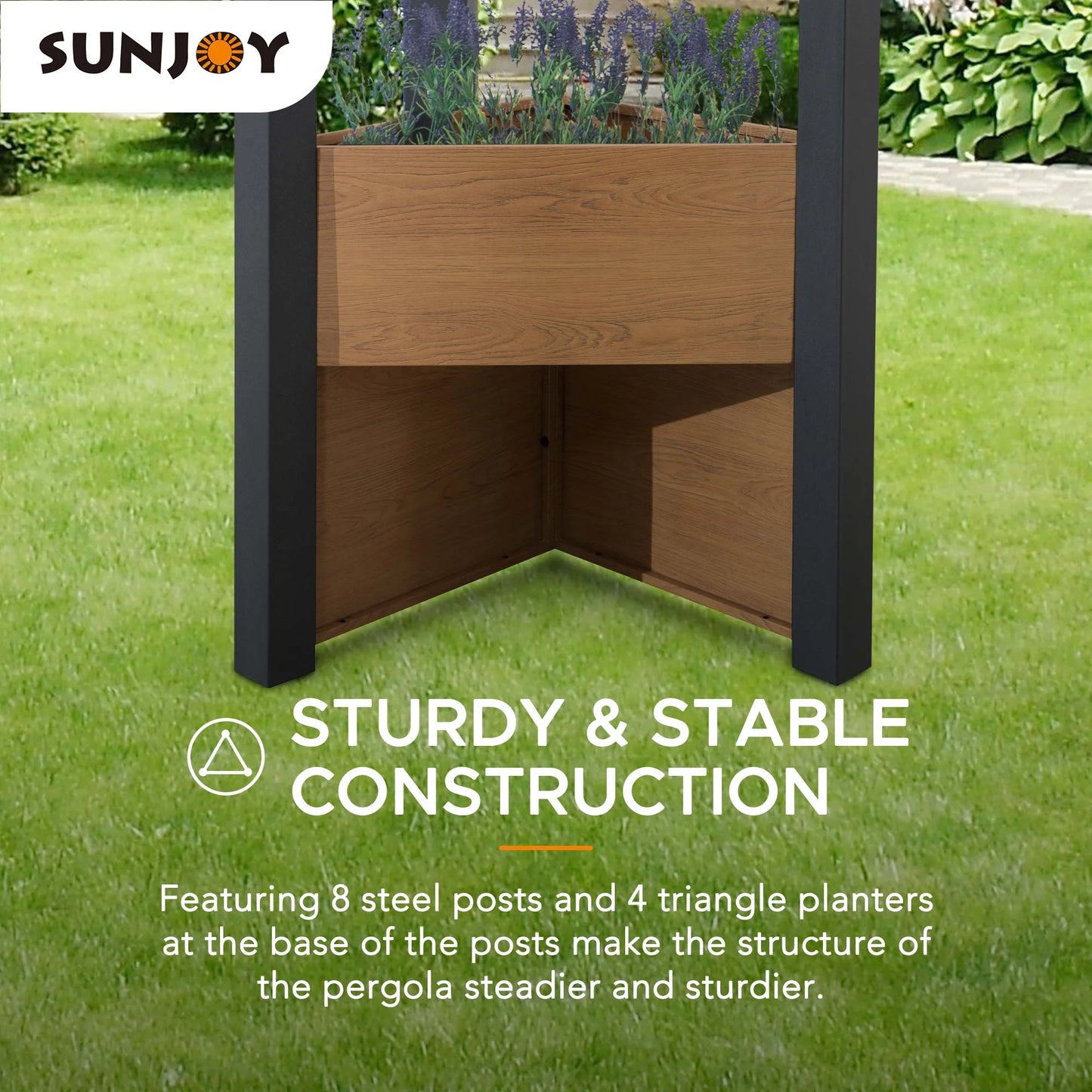 Sunjoy Pergola 10 x 12 ft. Outdoor Black Steel Frame Pergolas with Planters