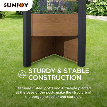 Sunjoy Pergola 10 x 12 ft. Outdoor Black Steel Frame Pergolas with Planters