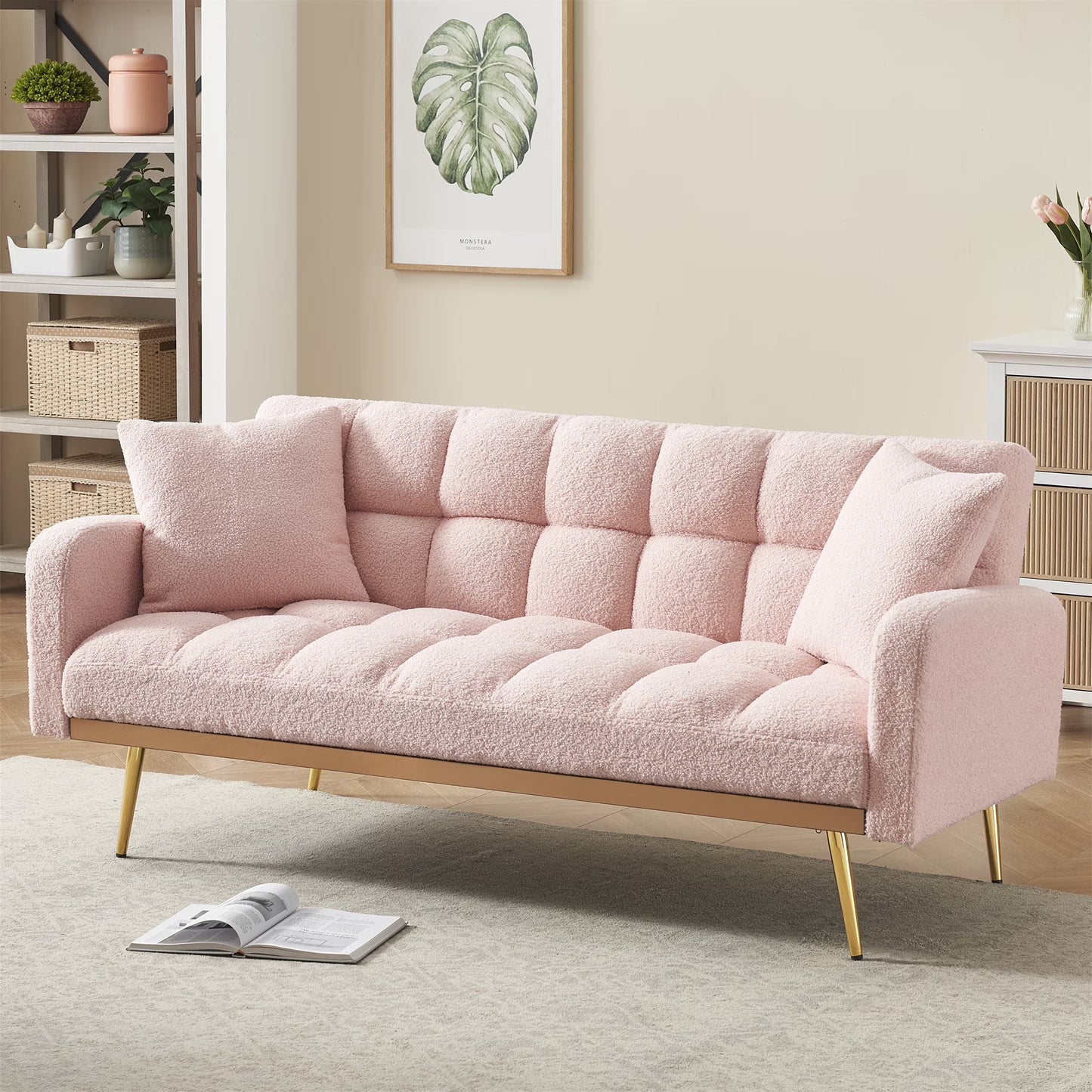 Aukfa Square Tufted Futon Convertible Sofa Bed for Home Office, 2 Pillows, Teddy Fleece, Gray