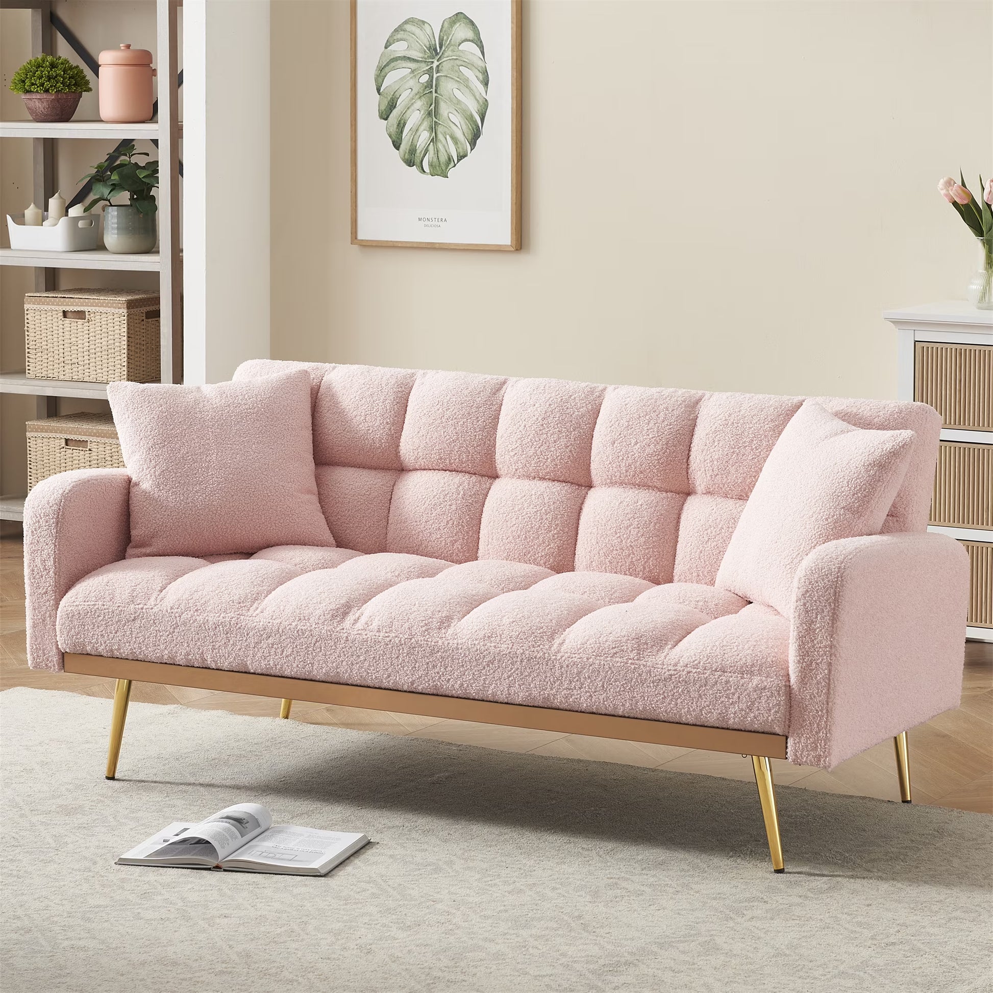 Aukfa Square Tufted Futon Convertible Sofa Bed for Home Office, 2 Pillows, Teddy Fleece, Gray
