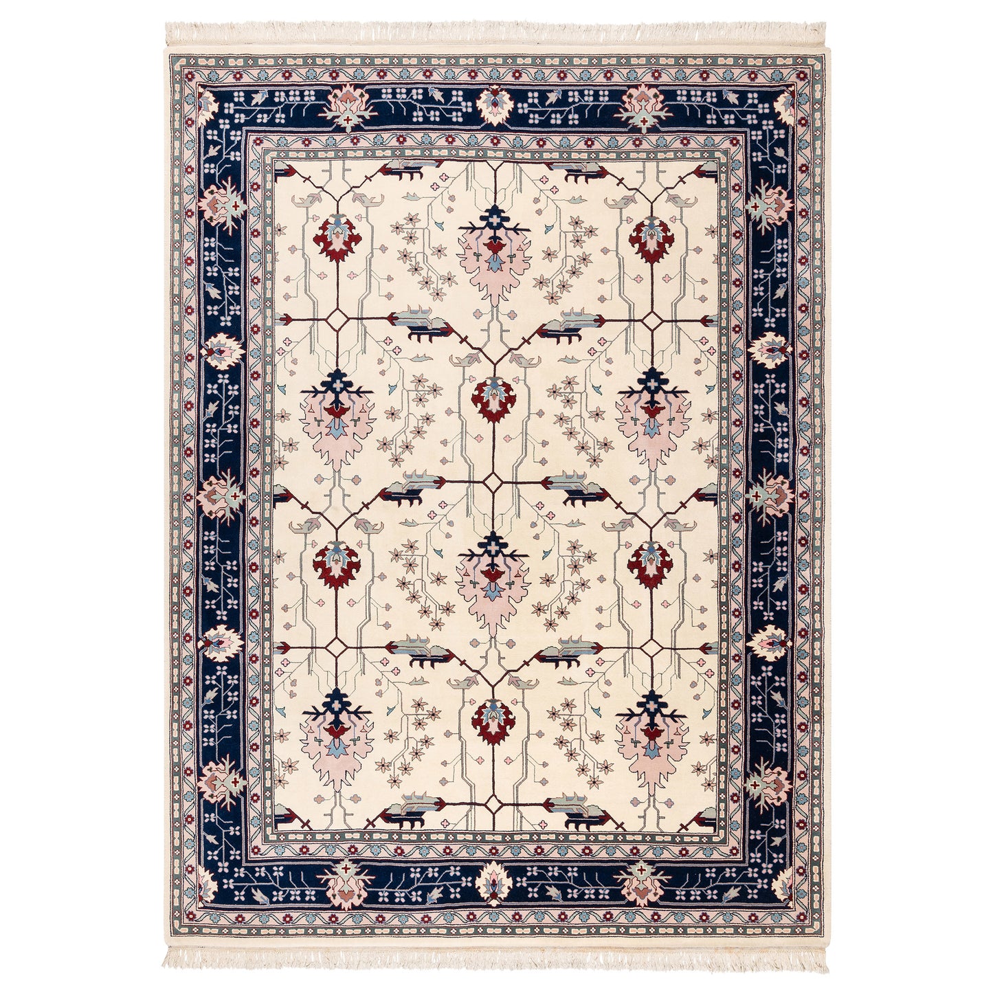 Montacute Hand Knotted Area Rug, Keshan Ivory Navy, 9' x 12'