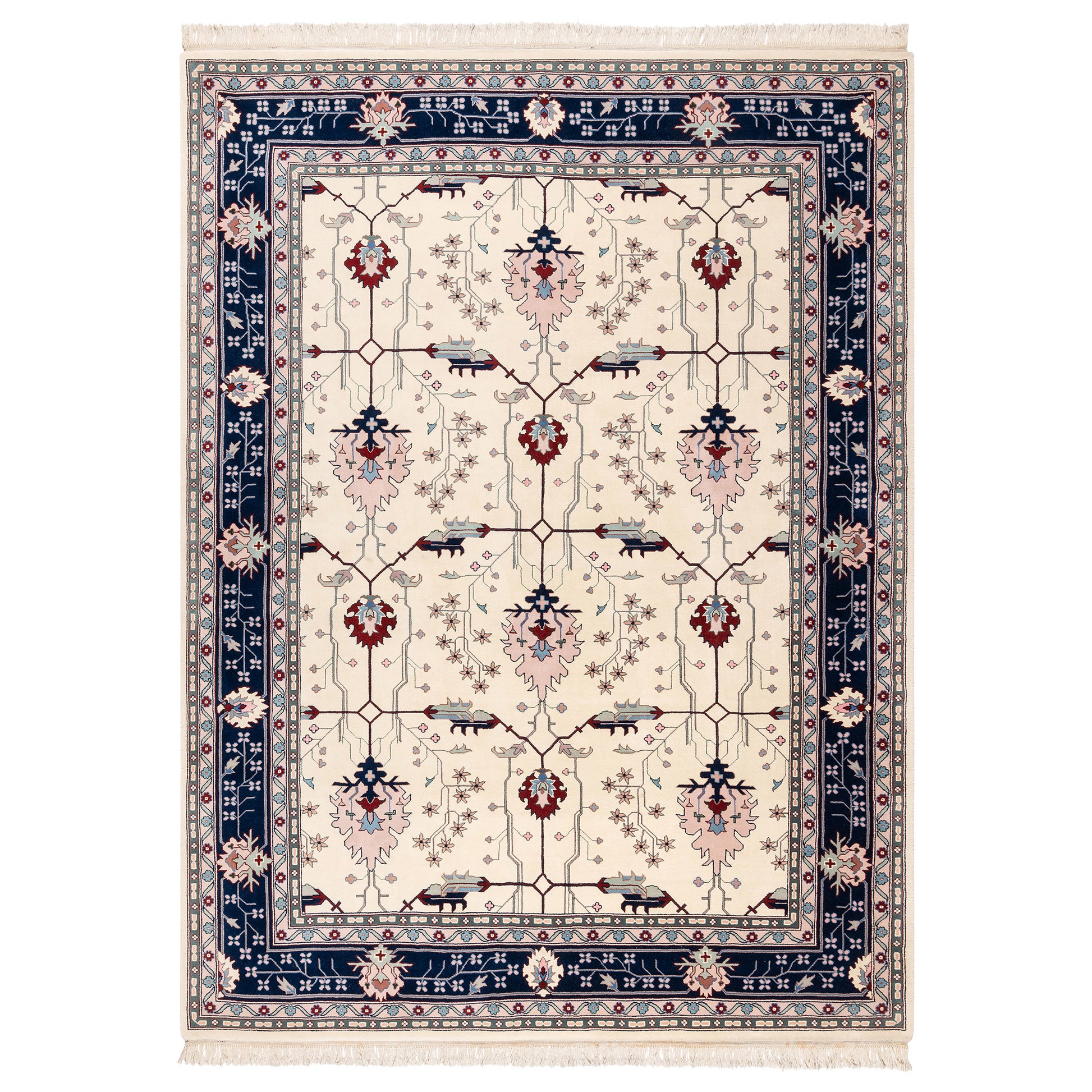 Montacute Hand Knotted Area Rug, Keshan Ivory Navy, 9' x 12'