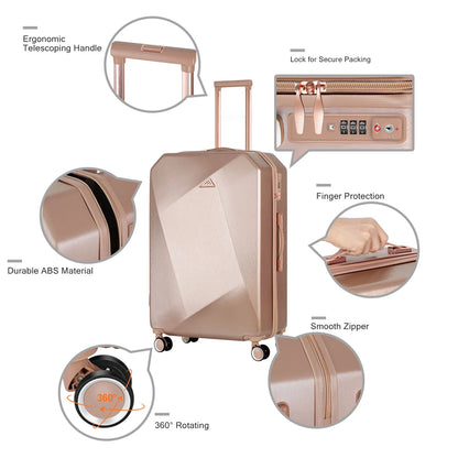 Luggage 3-Pieces Set PC+ABS Durable Suitcase Sets Rose Gold 20"24"28"