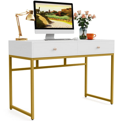 TribeSigns Computer Desk, Modern Simple 47 inch Home Office Desk Study Table Writing Desk with 2 Storage Drawers, Makeup Vanity Console Table, White and Gold