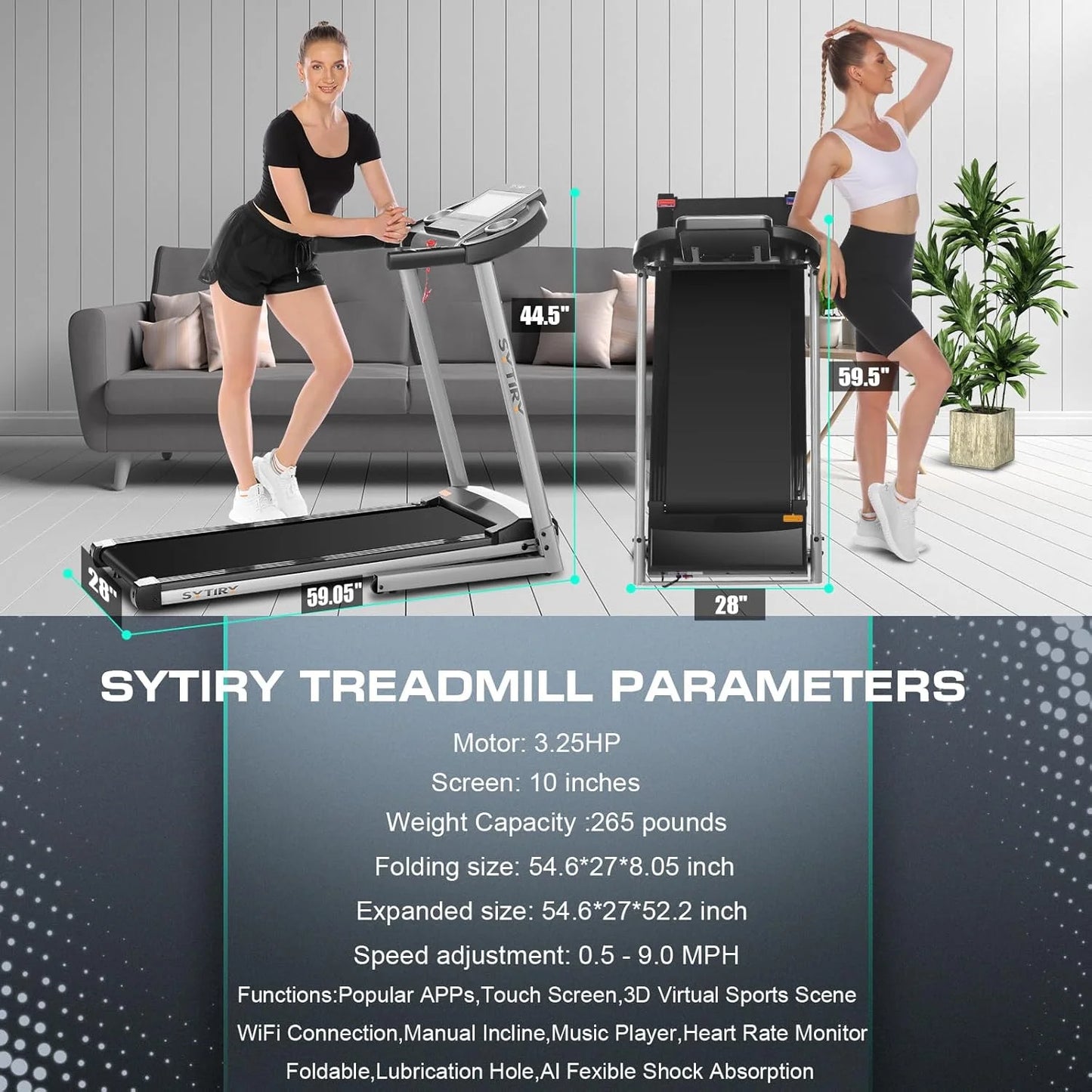 SYTIRY Folding Treadmill w/10" HD Touchscreen WiFi 3.25 HP Adjustable Incline Treadmills, Heart Rate Monito 9 MPH Speed Range Jogging Running Machine for Home Office 265lbs Weight Capacity