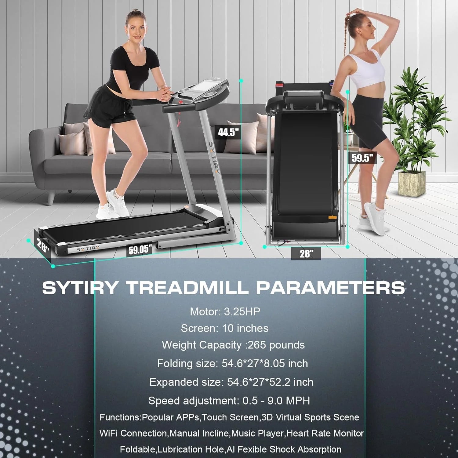 SYTIRY Folding Treadmill w/10" HD Touchscreen WiFi 3.25 HP Adjustable Incline Treadmills, Heart Rate Monito 9 MPH Speed Range Jogging Running Machine for Home Office 265lbs Weight Capacity