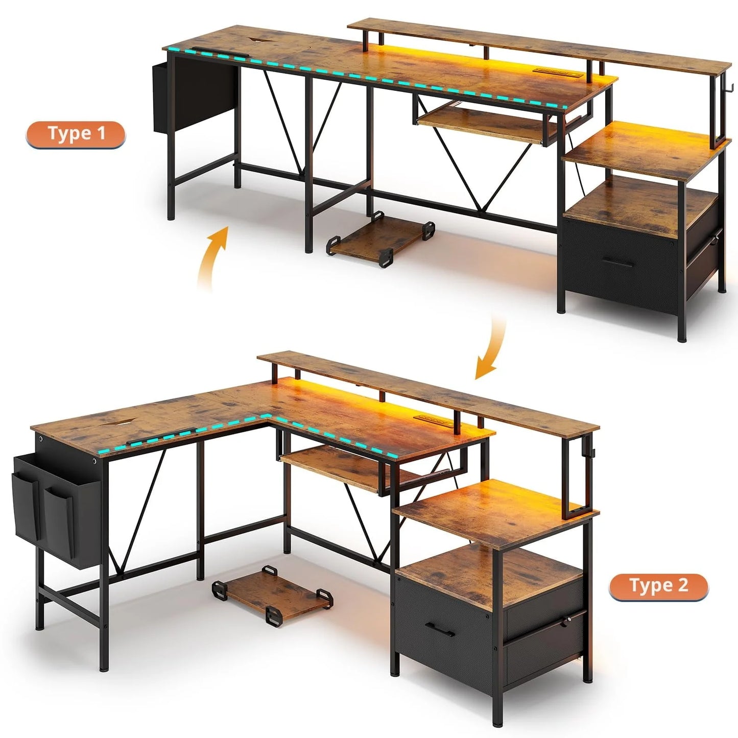 SEDETA L Shaped Gaming Desk, Led Reversible Corner Computer Desk with Power Outlet, Home Office Desk Drawer File Cabinet Keyboard Tray Storage Bag Monitor Stand CPU Stand,Brown